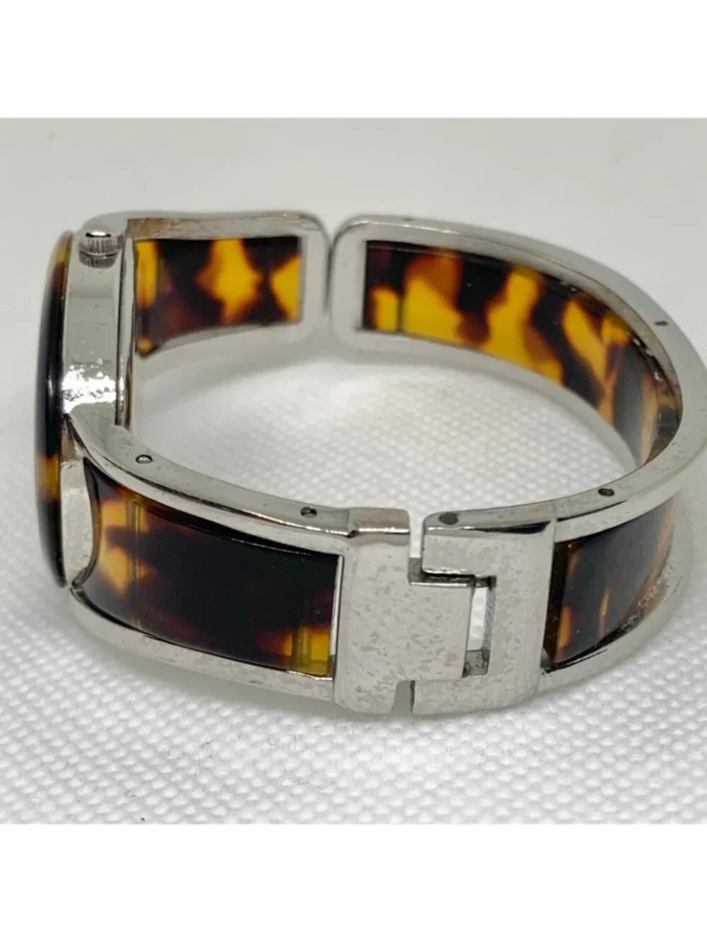 Narmi silver tone Tortoise shell cuff bracelet watch mop dial 28mm 6.5” running